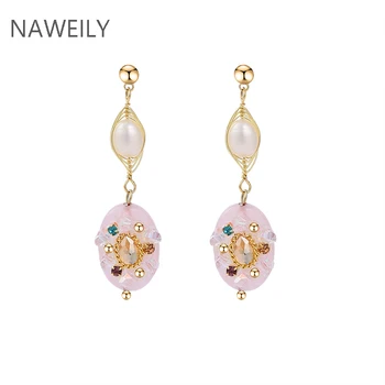 

Elegant Pink Natural Stone Pearl Earrings Genuine Freshwater Pearl Long Earring 2020 Fashion New Crystal Drop Earring