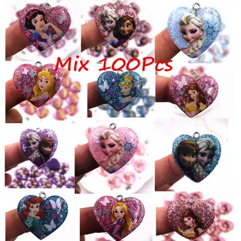 

100PCS Wholesale Mix Elsa Ariel Anna Princess Icon Fashion Pendant Shining Resin Ornament Accessories For DIY Necklace Jewelry