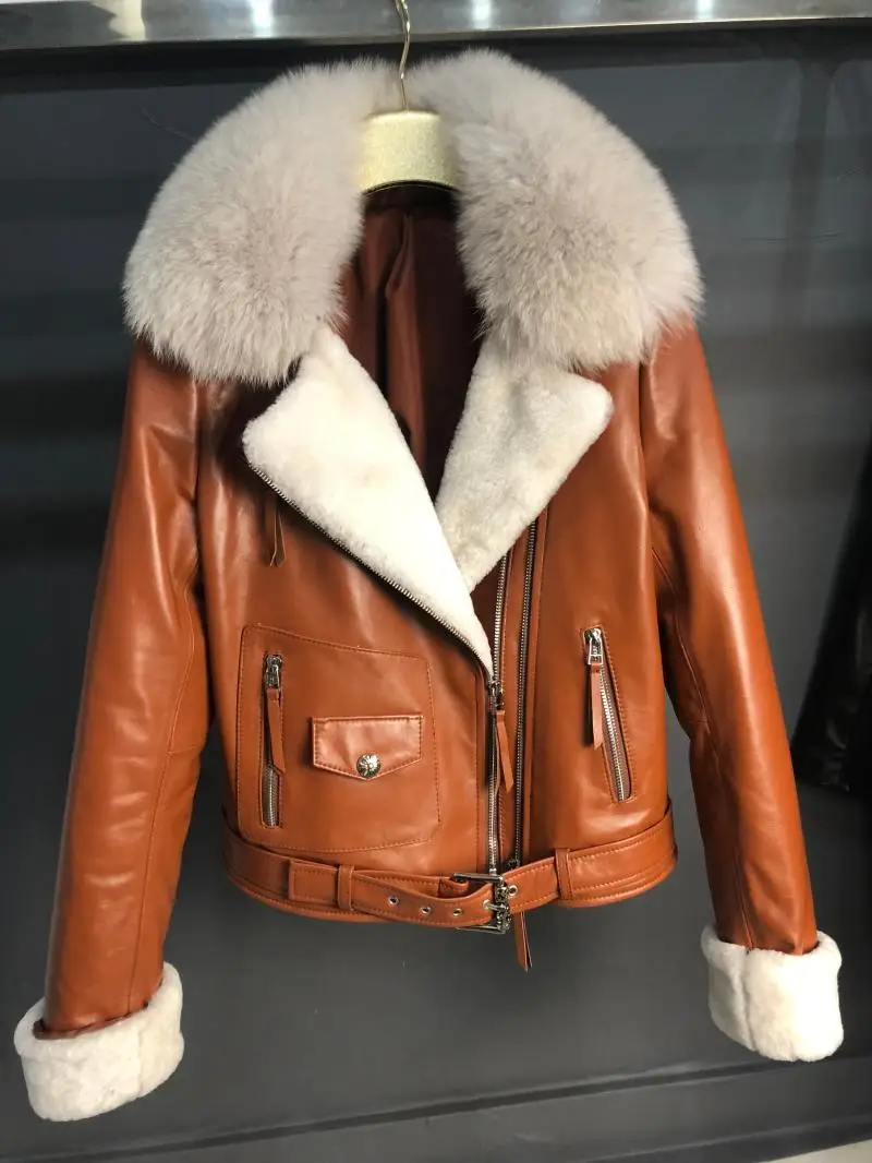 Зимние толстые теплые куртки из натуральной овечьей кожи с хлопковой подкладкой, женские тонкие пальто из натурального Лисьего меха, пальто из овечьего меха с манжетами F685 - Цвет: caramel colour