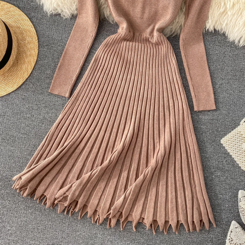 Женское трикотажное платье, Осень-зима, новинка, Корея, Ins, супер огонь, темперамент, половина шеи, воротник, тонкий, Ретро стиль, до колена, ТРАПЕЦИЕВИДНОЕ ПЛАТЬЕ ML446