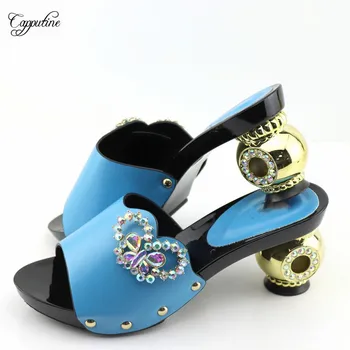 

Elegant Sky Blue Pumps African Women's Slipper Shoes With Stones For Party CR2115 Heel Height 9.5CM