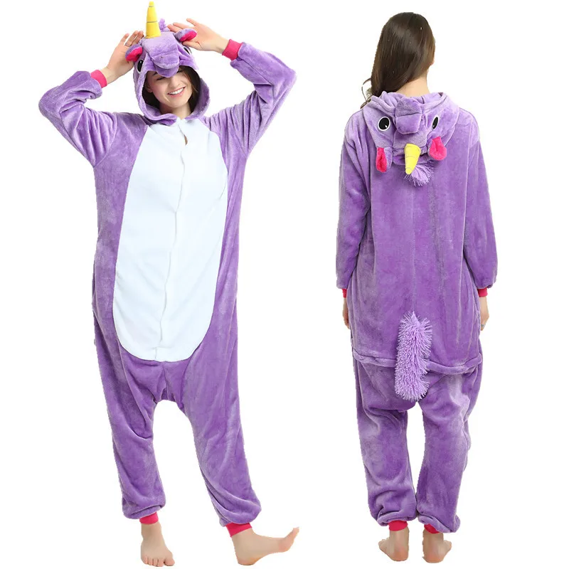 Фланелевая ночная рубашка для взрослых, женская пижама на молнии, Рождественский пижамный комплект с единорогом кугуруми, зимние комбинезоны, пижама, косплей, животное - Цвет: Purple Pegasus