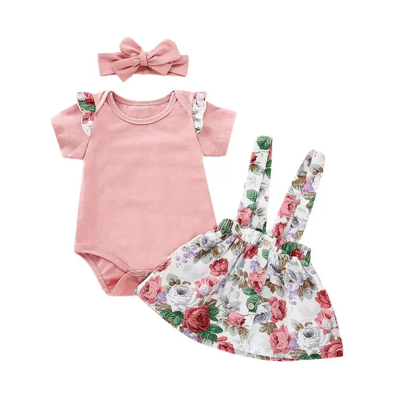 Ensembles de vêtements pour bébés filles | Barboteuse à manches courtes, hauts + jupe à fleurs + bandeau, 3 pièces, tenues d'été pour nourrissons pour tout-petits de 0-2 ans