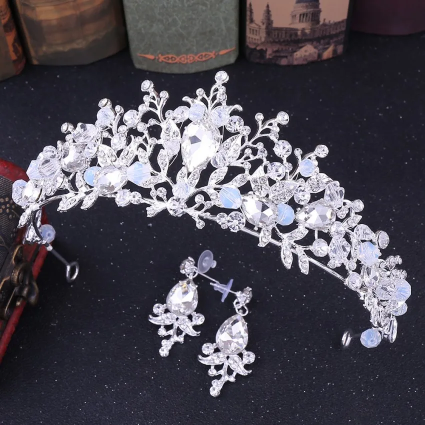 Silver Needle Earing Белый Розовый бисер Свадебные короны ручной работы тиара невесты оголовье кристалл горный хрусталь диадема Королева Корона Свадебные аксессуары для волос - Окраска металла: Silver Needle Earing