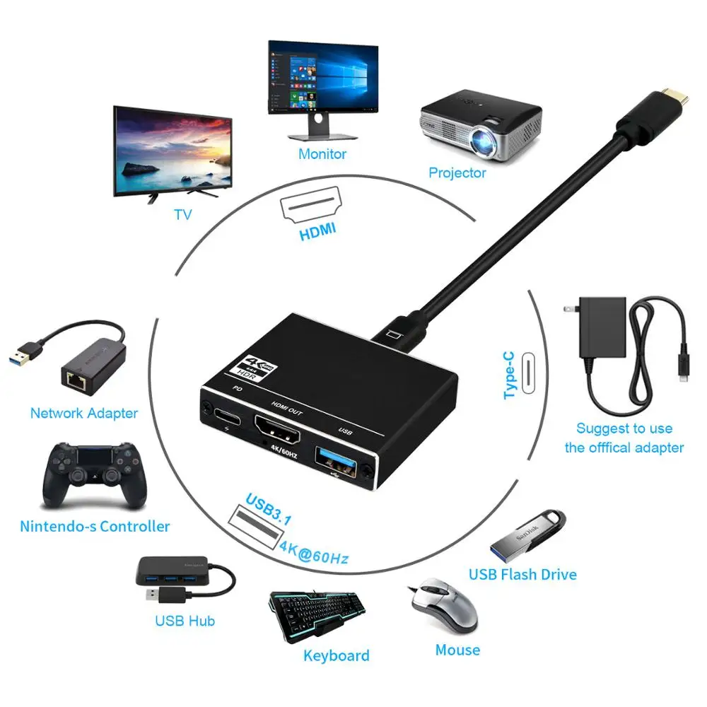 KuWFi 3 в 1 адаптер типа C к USB 0 концентратор многопортовый HDMI 2 4K 60Hz 100W PD зарядный порт