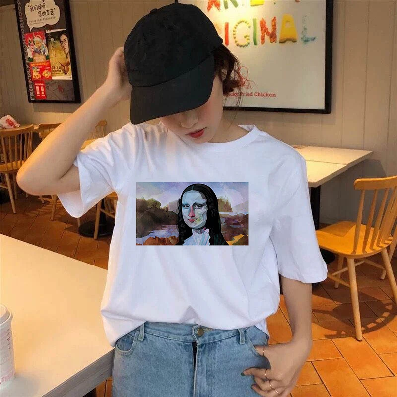 Women's T-shirt Mona Lisa changed  Print T-shirt Clothes White TShirt Harajuku Graphic T-shirt Fashion Landscape T-shirt Female