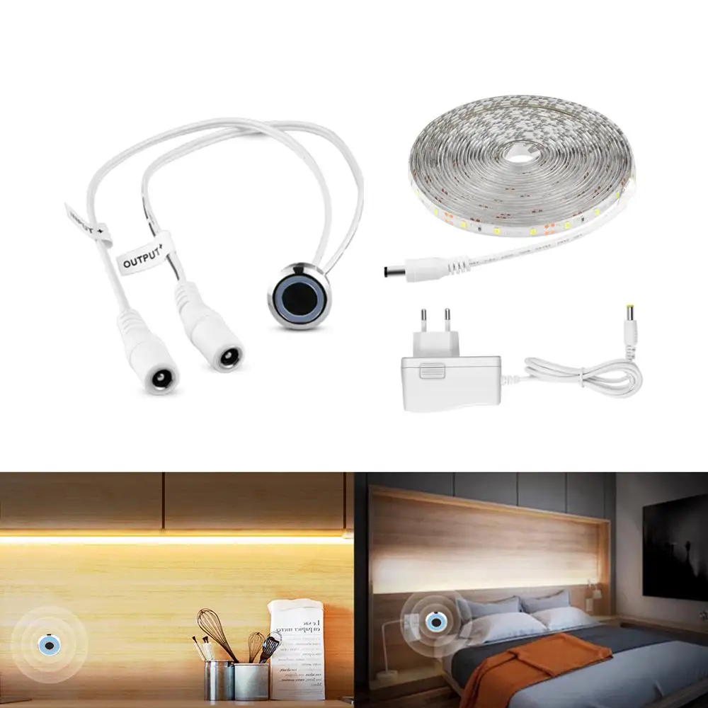 1M 2M 3M 4M 5M LED Strip light Stepless Dimmable Touch Sensor Switch Closet Cabinet lamp 110V 220V to 12V EU / US Power Supply