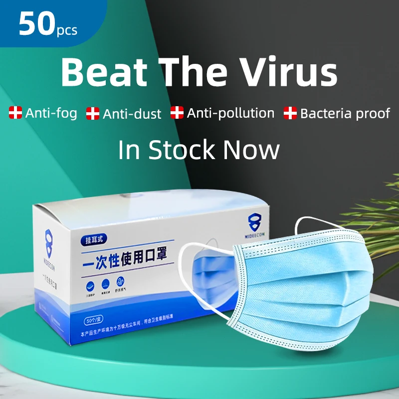 

50pcs Protection Disposable Masque Air Filter Mask Anti Virus Pollution Nonwove 3 Layer Ply PM25 Filter Mouth Face Masks Care