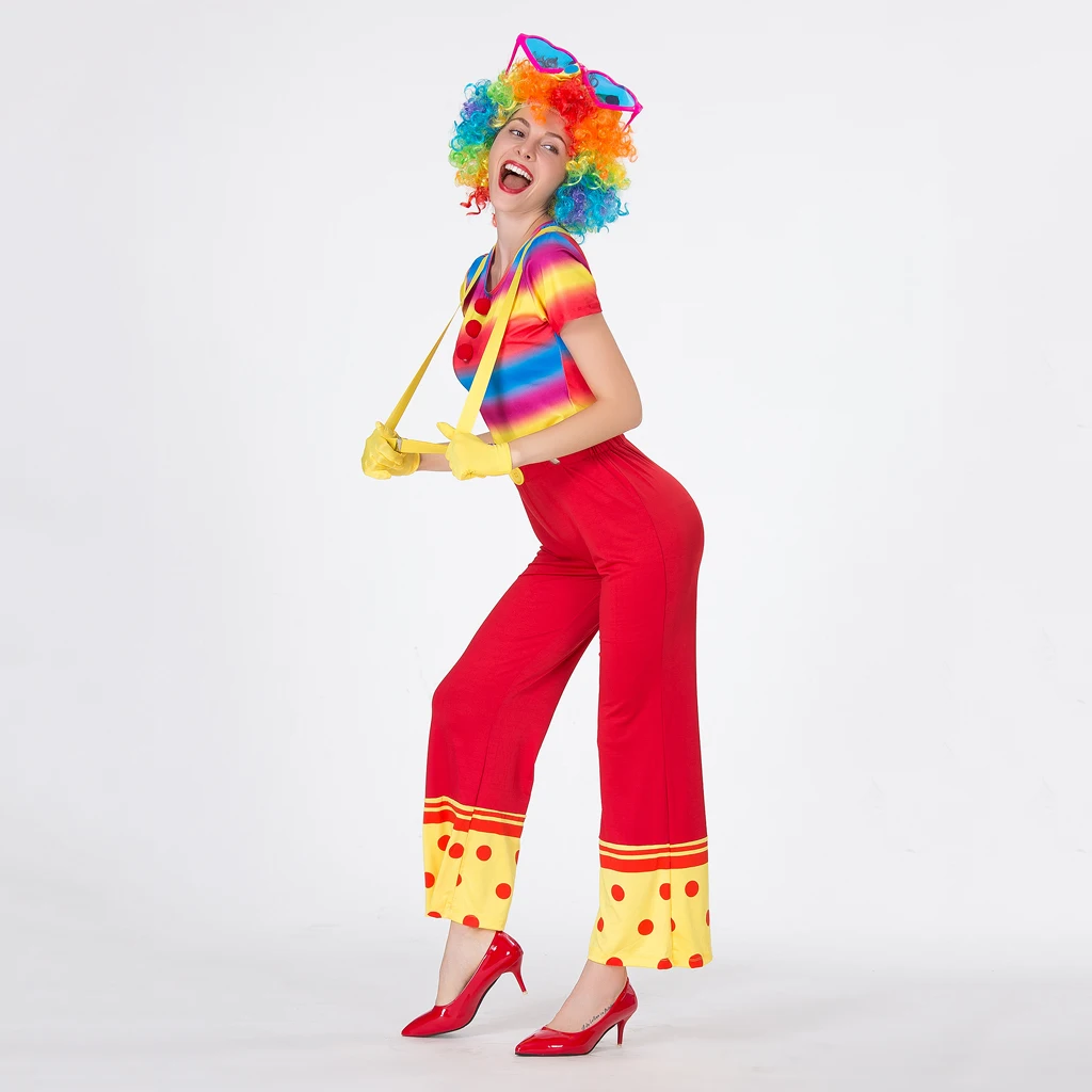 Funny Women Circus Clown Costume Jester Wig Pants Shirt Fancy Dress Outfit