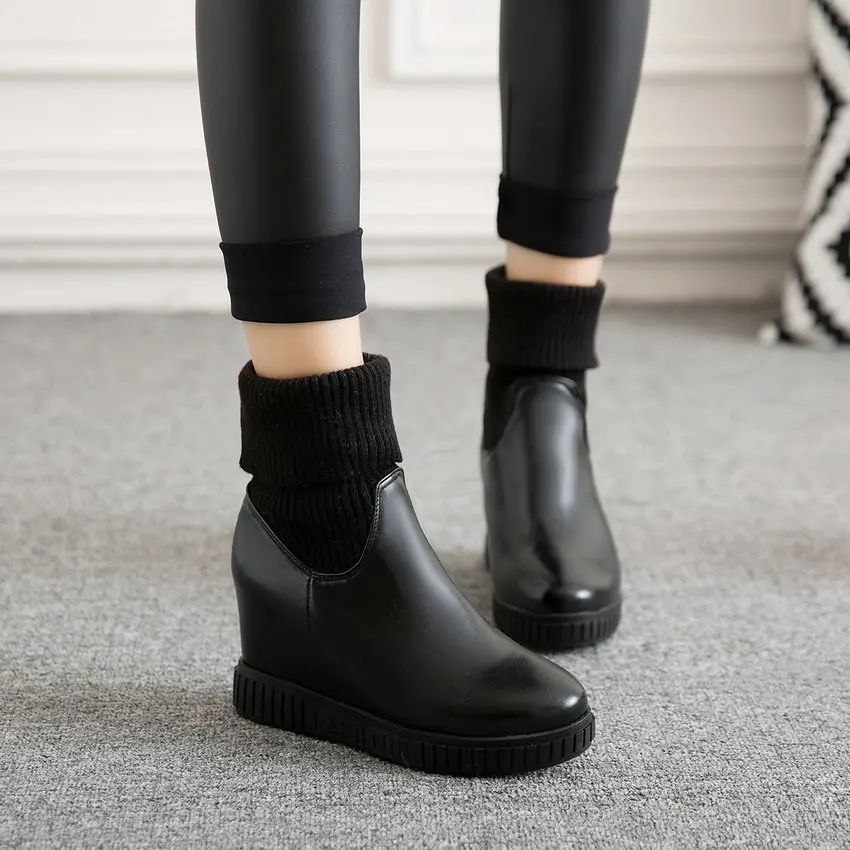 QUTAA Fashion Platform PU Leather Knitting Height Increasing Slip on Ankle Boots Round Toe Warm Fur Women Shoes Size 34-43