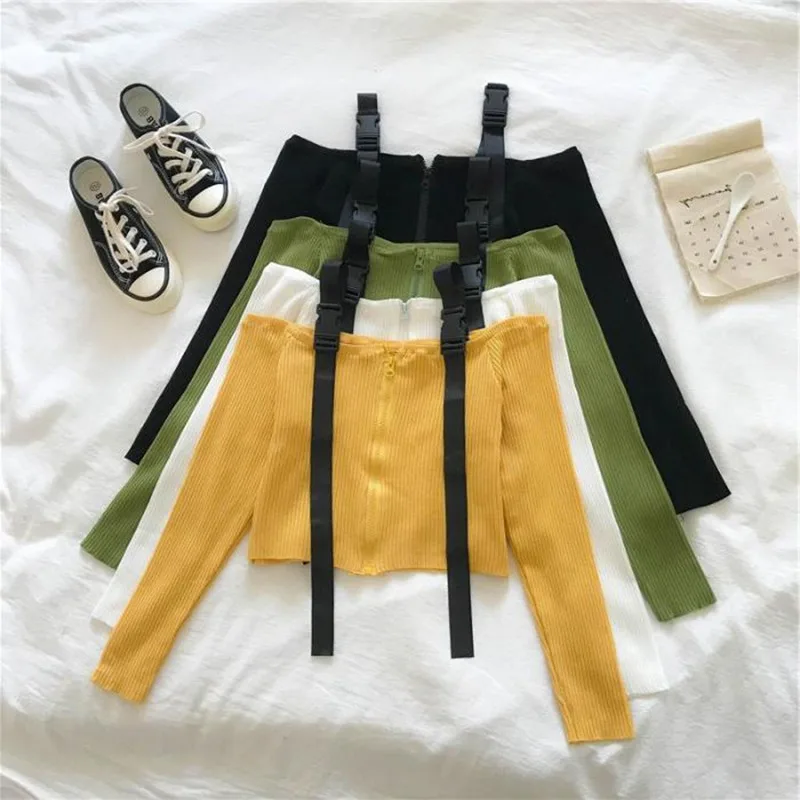 

Sweater Women Sexy Korean Style Slash Neck Tops Tooling Sling Short Long Sleeve Knit Sweater Zipper Fashion Sweater