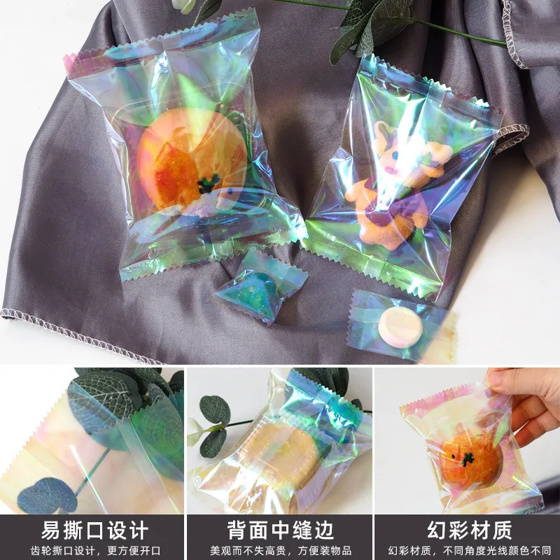 100Pcs Regenbogen Transparent Laser Flache Tasche Süßigkeit Keks Backen Maschine Versiegelt Taschen Party Geschenk Verpackung – Detail 4