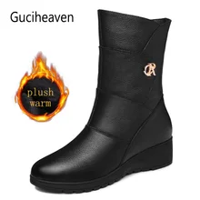 Новинка; зимние кожаные сапоги на танкетке; Женская однотонная повседневная обувь до середины икры с круглым носком; короткая плюшевая теплая обувь; Цвет Черный