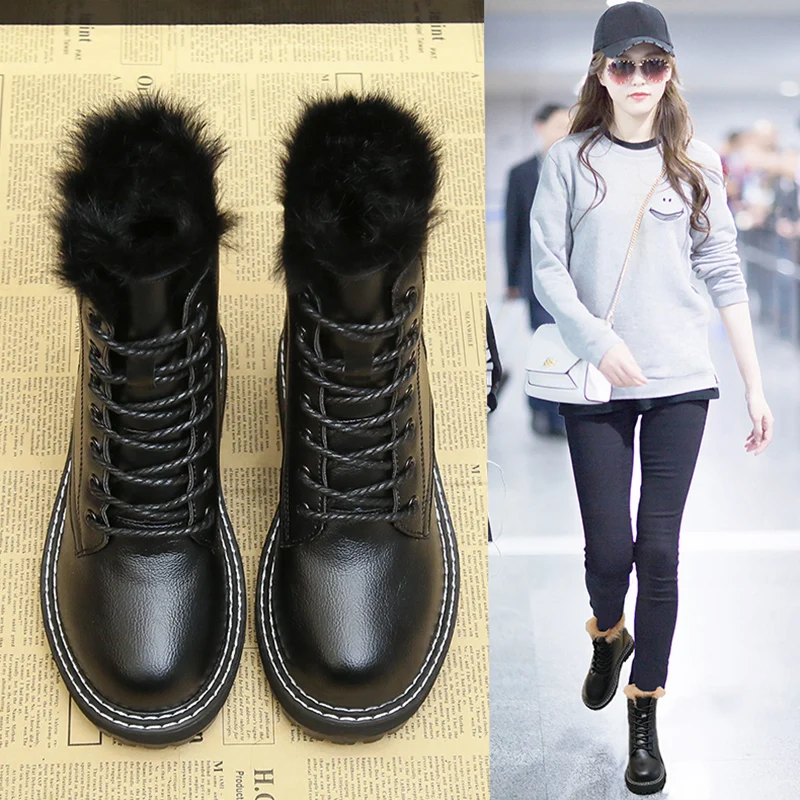 

Lace Up Boots Women's Rubber Shoes Rain Round Toe Booties Ladies Winter Footwear Low Heels booties 2020 Mid Calf Mid-Calf Leathe