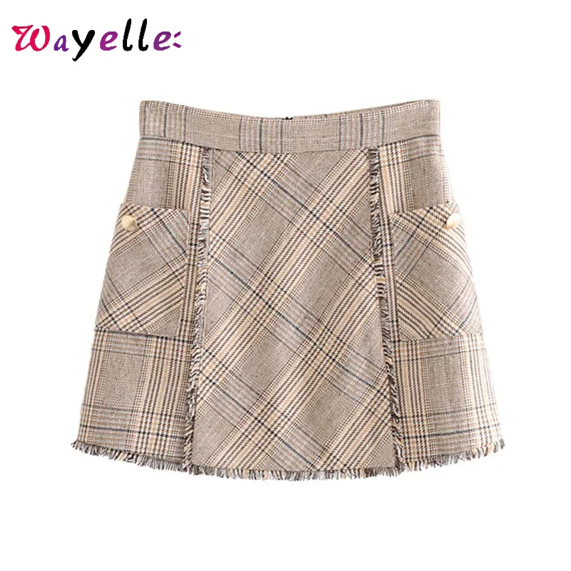 

Plaid Mini Skirt Women 2019 Fall Elegant Houndstooth Tassel Patchwork Tweed Skirts Vintage Chic Pockets Back Zipper Mini Skirt