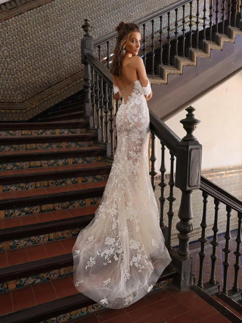 Clothfun Abito Da Sposa Sirena In Pizzo Con Applique - Maniche Lunghe Scollate - Lungo Con Strascico - Avorio Taglia 16 - 4