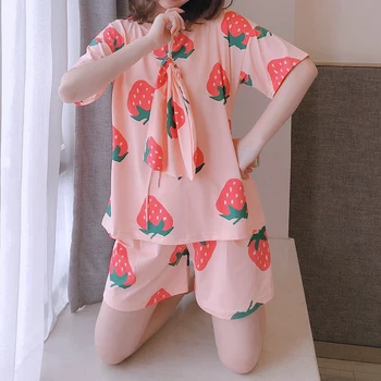 

WAVMIT Short Sleeve Pajamas Polyester Set Cute Leisure Women Sleepwear 3Pcs Nightwear for Women Sleepwear Short Pant Cloth Bag