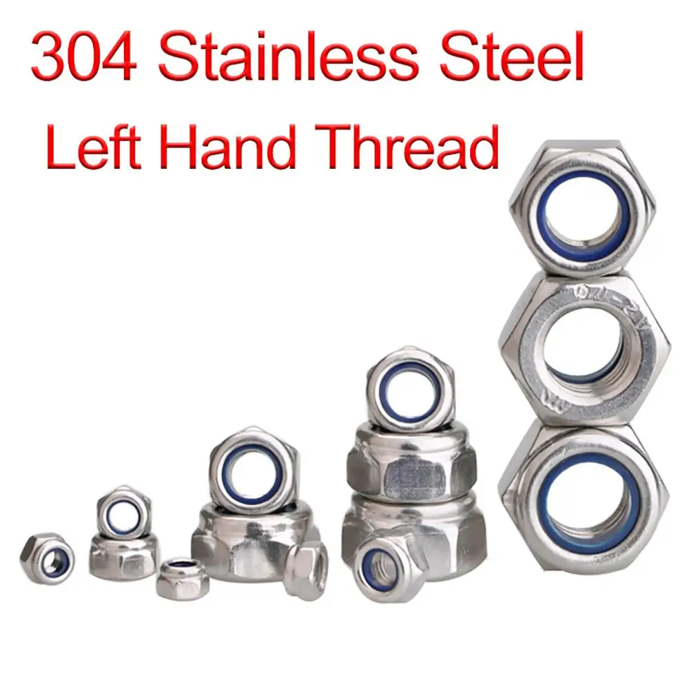 M5m12 Left Hand Thread Hex Nylon Insert Lock Nut 304 Stainless Steel Reverse Thread Hexagon