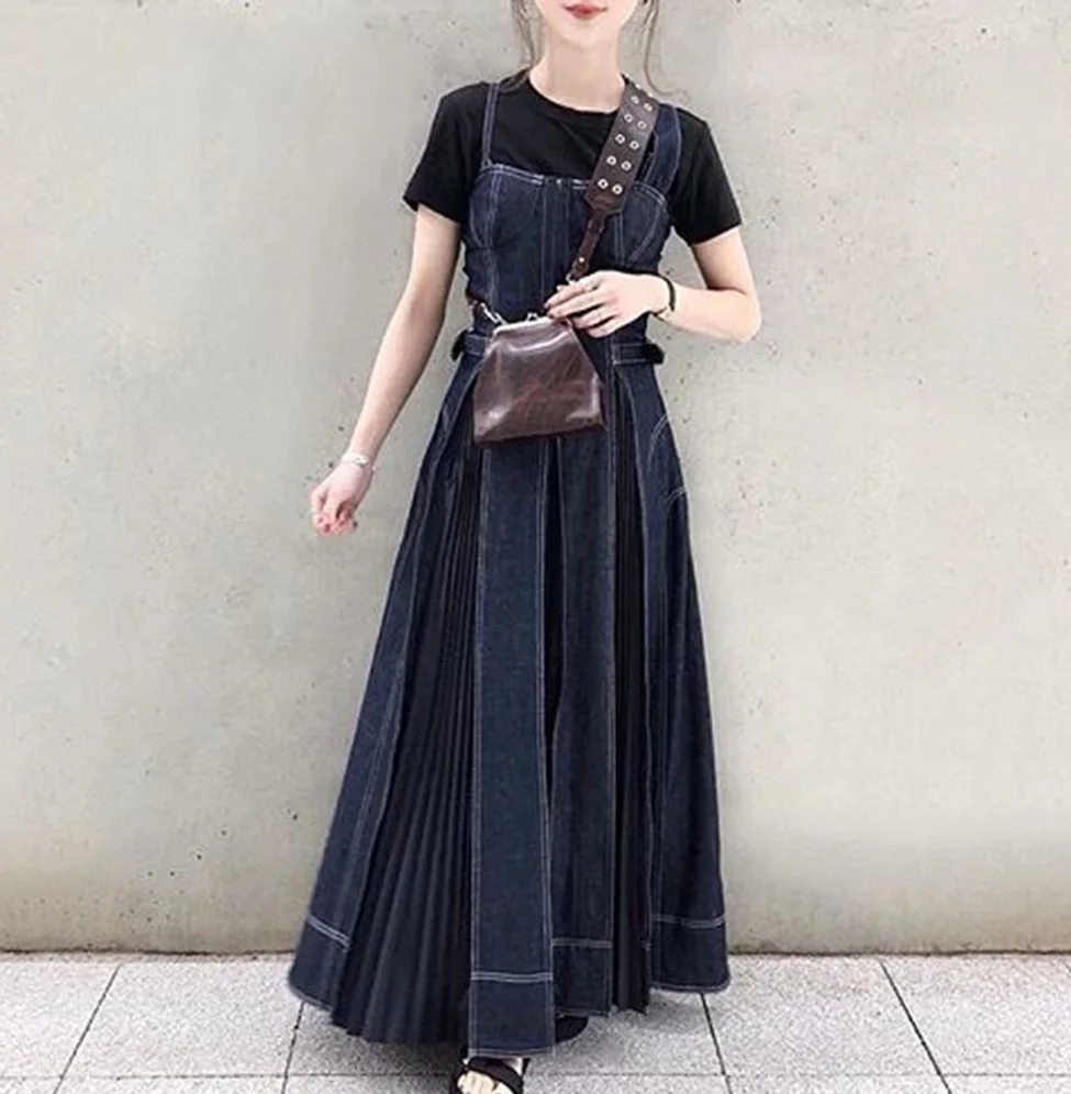 

Denim Dress Women 2020 Spring Korean Fashion Causal Halter Blue Jeans Long Midi Pleated Dresses Brown Robe Sundress Vestidos