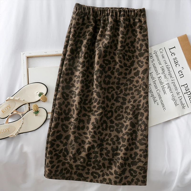 leopard brown Женская юбка миди с леопардовым принтом и высокой талией, мягкая Высококачественная шерстяная облегающая юбка миди с леопардовым принтом - Цвет: leopard brown