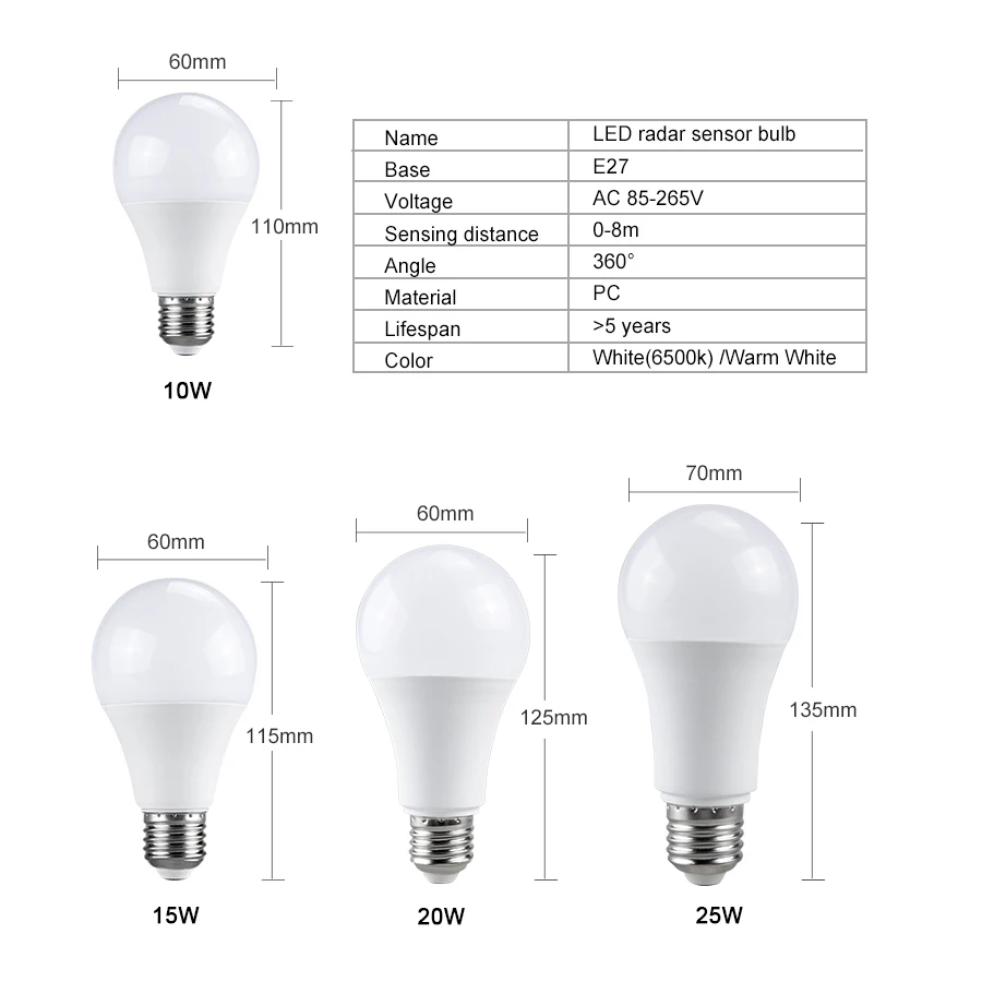 25 Вт 20 Вт 15 Вт 10 Вт лампада светодиодный E27 радар движения лампочка с сенсорным управлением 85-265 в с обнаружением инфракрасного излучения смарт-лампа работает в ночной темноте