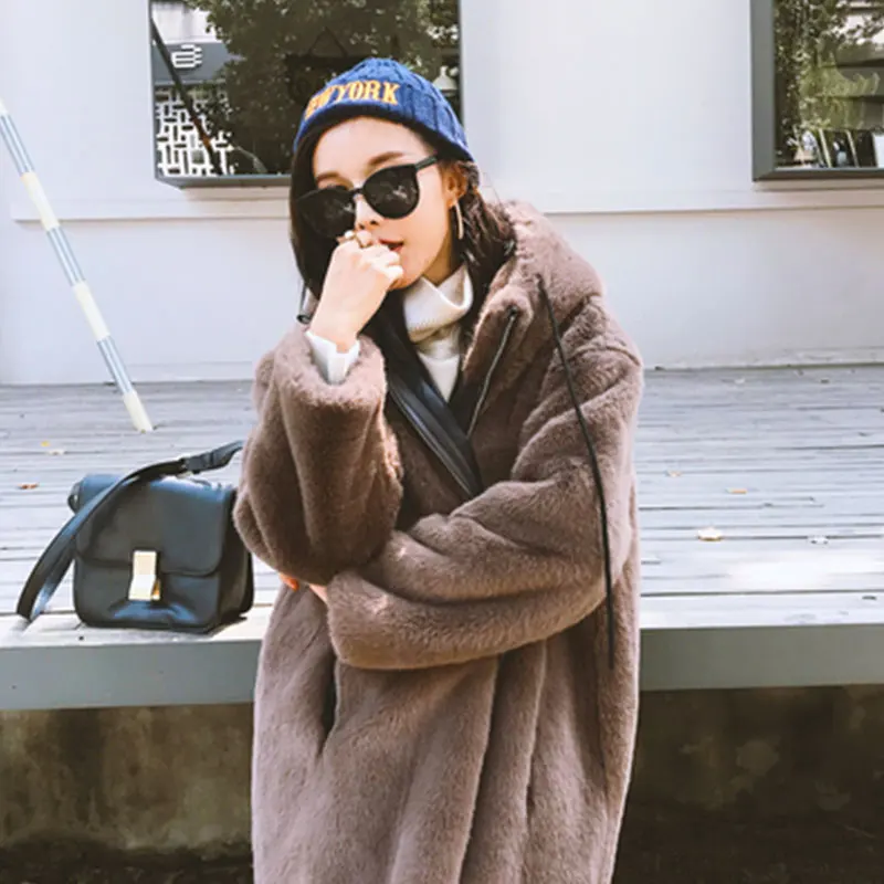 Oversized Winter Warm hooded Jacket women Thicken Long Coat Solid color Faux Fur Coat Women Casual Women Fur Faux Jacket Outwear