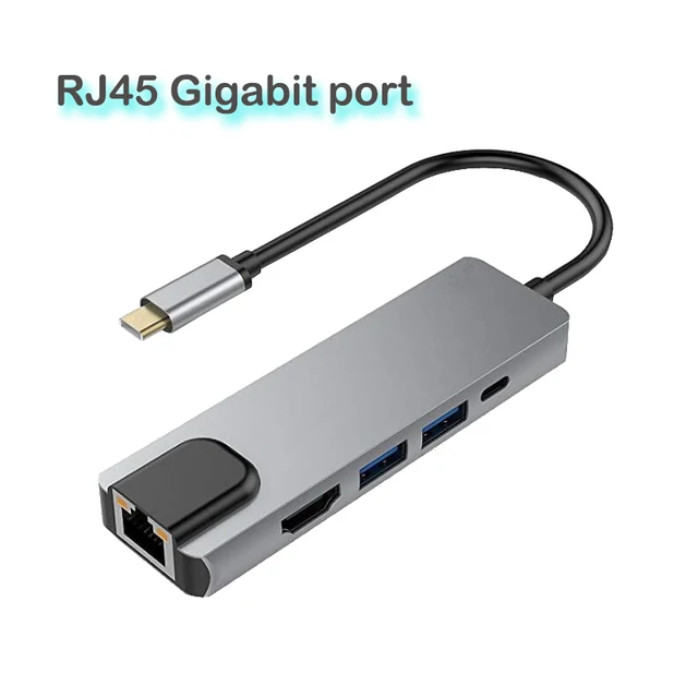 Fashion 5 In 1 Usb Type C Hub Rj45 To Lan Gigabit Adapters