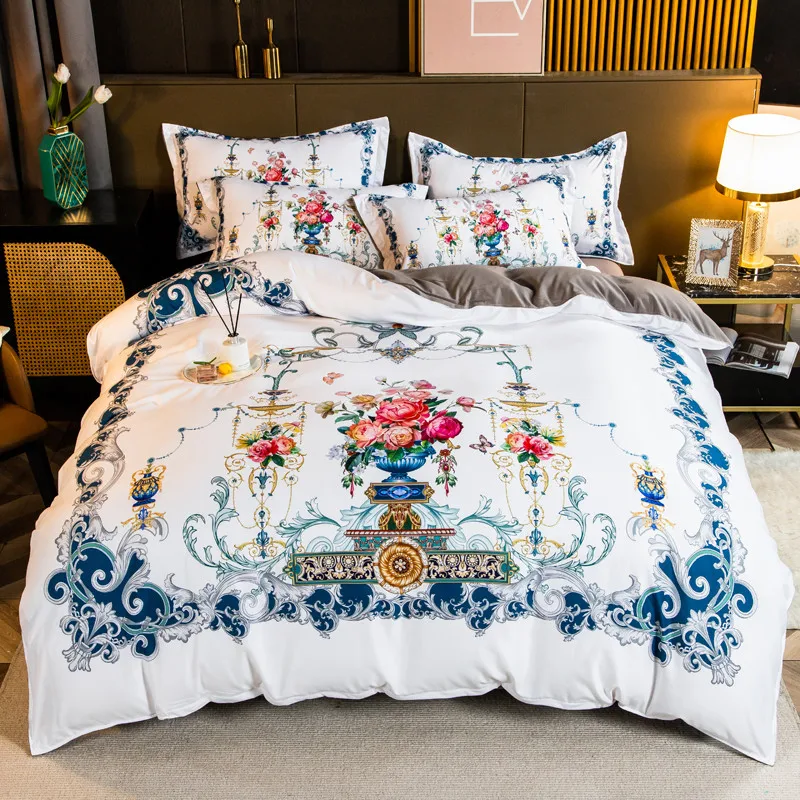 

Luxury Cotton Sanding Palace Flowers Printing Bedding Set Polyester Duvet Cover Set Quilt Cover Bed Comforter Set Fitted Sheet