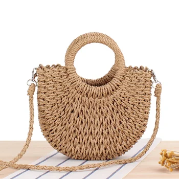 

High Quality Handmade Half-Round Rattan Woven Straw Bag Summer Women Messenger Crossbody Bags Girls Small Beach Handbag 2020