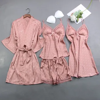 

4PCS Pajamas Sleep Set Womens V-Neck Cami Pijama Sexy Bathrobe Kimono Nighty Robe Gown Suit Spring Sleepwear Wear Home Clothes