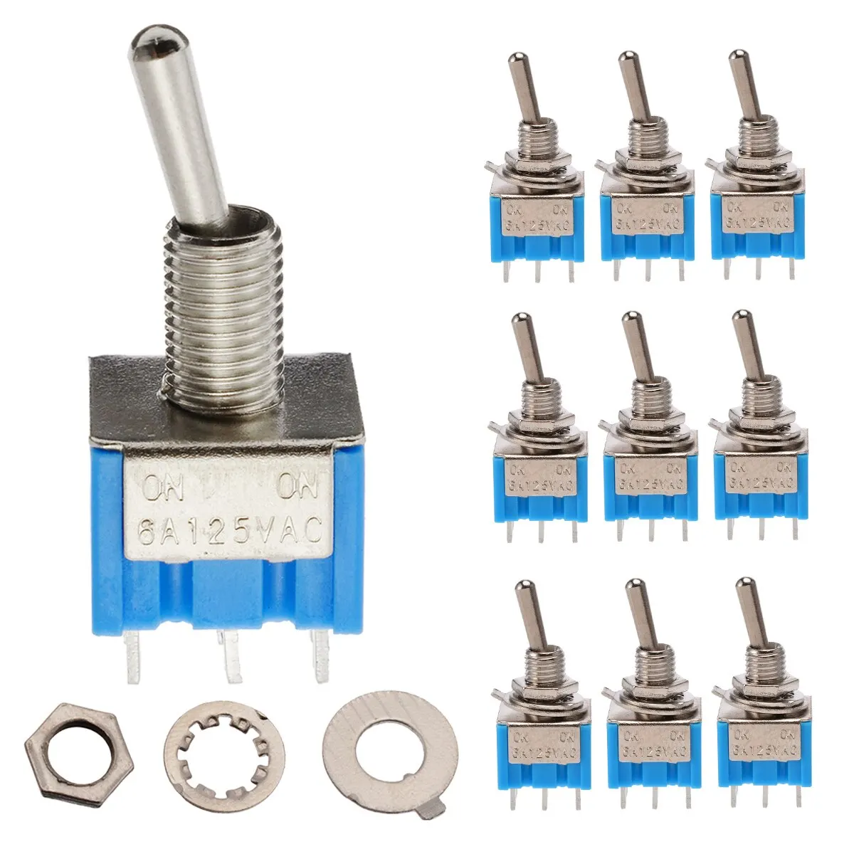 10PCS Blue MTS-202 2 Position 6 Pin DPDT Switches Set ON-ON 6A 125V AC Mini Small Toggle Switch DPDT Type