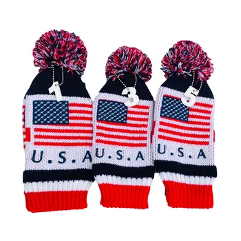 

3pcs/set American Flag Pom Pom Sock Set Vintage Knit Universal Golf Head Covers For Driver Fairway Hybrid Wood New cym