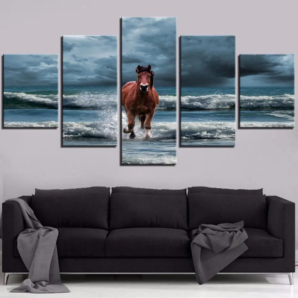 5 Pieces Horses Cnavas Posters Animals Pictures Sea and Wave Painting For Home Room Improvement Decor Modern Wallpapers Artwork | Дом и сад
