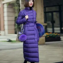 Шикарное Женское зимнее пуховое пальто фиолетовая длинная пуховая куртка со стоячим воротником и поясом приталенная элегантная верхняя одежда парка пальто S-L