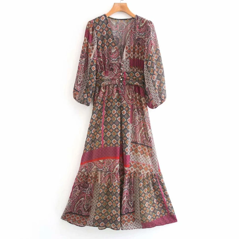 balloon sleeves boho printed maxi dresses