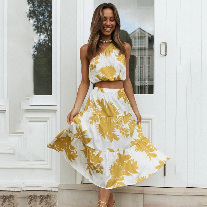 Ardm Floral Print костюм женский летний A-Line Dress Sets Skew Collar Crop Tops Skirts Women 2021 Two Piece Set Princess Dress женский летний темперамент горошек без рукавов круглая шея большое качающееся платье