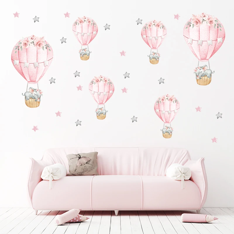 Cartoon Pink Baby Elephant Wall Stickers Hot Air Balloon Wall Decals Baby Nursery Decorative Stickers Moon and Stars for Girl Wall Stickers discount