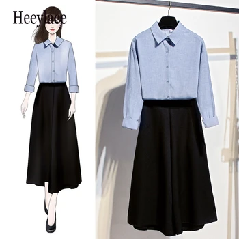 

2019 Autumn Women's Simple Long Sleeve Solid Color Shirt + High Waist Wide Leg Pants Two Pieces Ladies Pants Suit