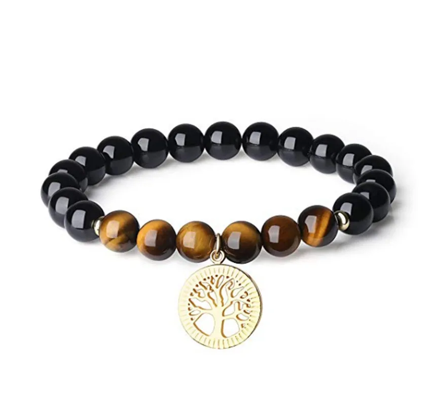 

FYJS Unique Jewelry Light Yellow Gold Color Tree of Life Tiger Eye Stone Connect 8 mm Black Agates Round Beads Bracelet