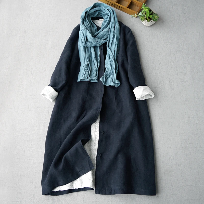 

Spring Autumn Women All-match Casual Loose Plus Size Japanese Style Brief Stand Collar Comfortable Linen Trench Coats 2 Colors