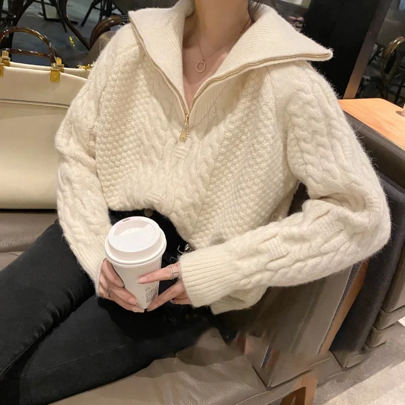 

Casual Zipper Polo Collar Loose Knitted Pullovers Sweater White Jumper 2023 Autumn Women Winter Thicken Knitted Sweater Female