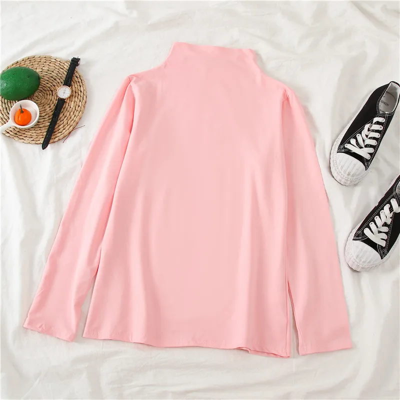 Pale Pink Semi-high Женская футболка с высоким воротником GCAROL, эластичная футболка в полоску с длинными рукавами и спущенными плечами, без подкладки - Цвет: Pale Pink Semi-high