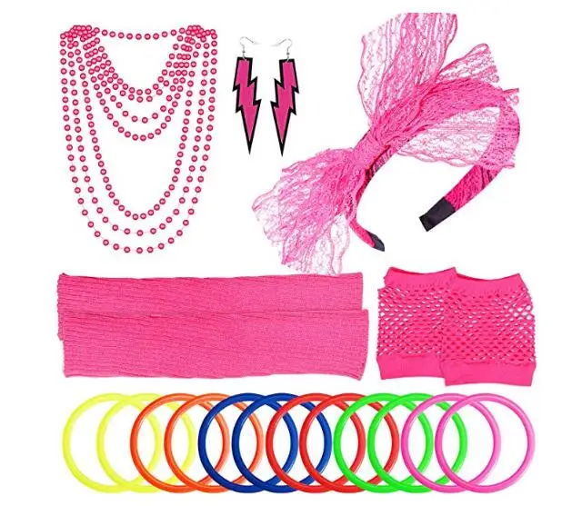 Women's 80s Outfit Costume Accessories Set Neon Headband Earrings Fishnet Gloves Leg Warmers Necklace Bracelet