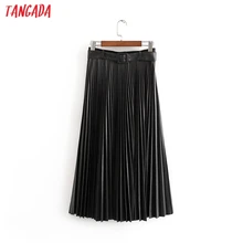 Tangada женские черные плиссированные юбки из искусственной кожи с вырезом лодочкой Новое поступление ретро женские офисные длинные юбки 3h25