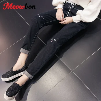 

Women 9/10 Length Winter Warm Fleece Lined Cat Embroidered Plus Size Elastic Waist Capri Jeans Pants S M L XL 2XL 3XL 4XL 5XL