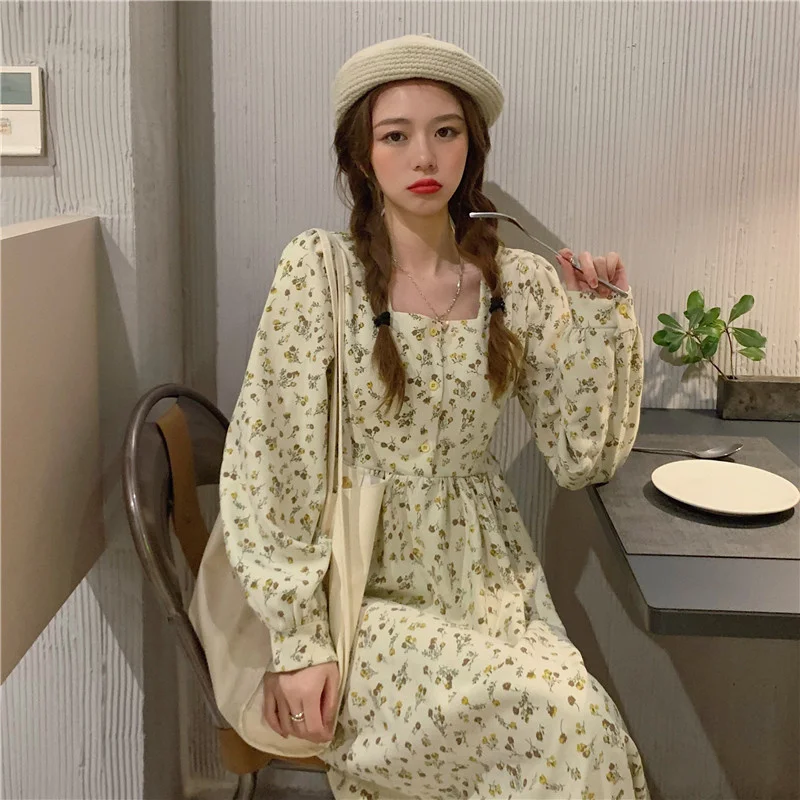 Bottoming Floral Skirt Women's 2021 New Spring Style Long Dress Slimming Street Sleeve | Женская одежда