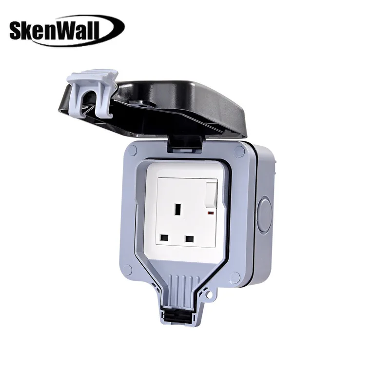 IP66 Weatherproof Waterproof Outdoor Wall Power Socket 13A UK Standard Electrical Outlet Grounded AC 110~250V