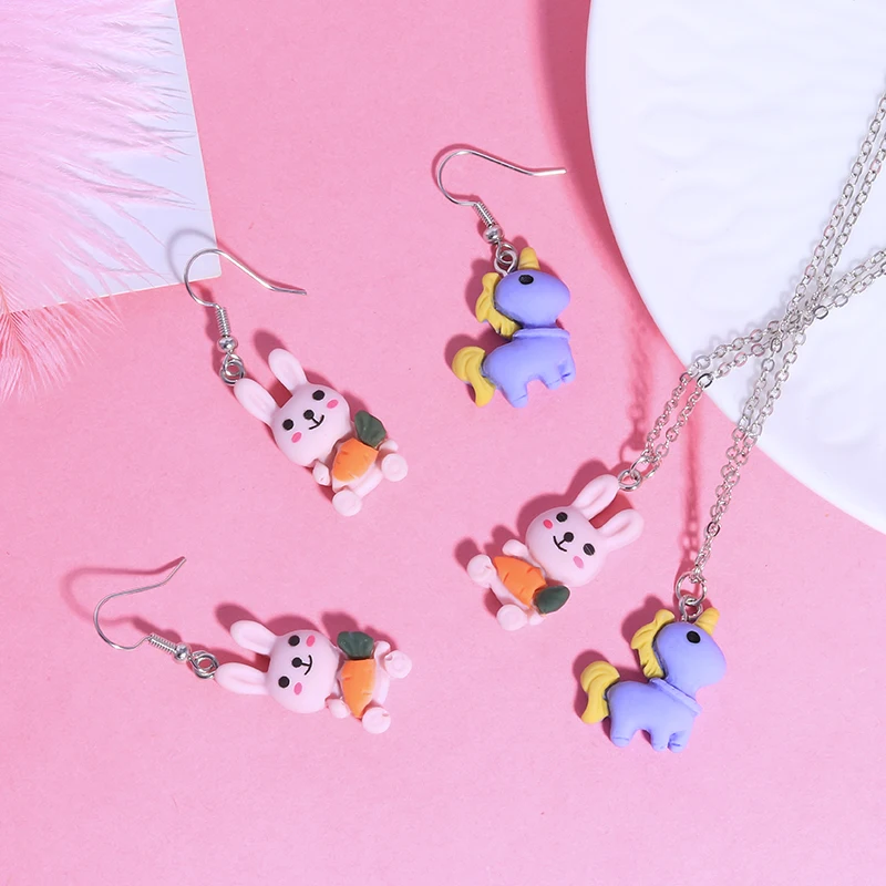 Hot Sale Cartoon Rabbit Unicorn Necklaces Earrings for Women Colorful Jewelry Set Friendship Gifts Handmade Bijuterias | Украшения и