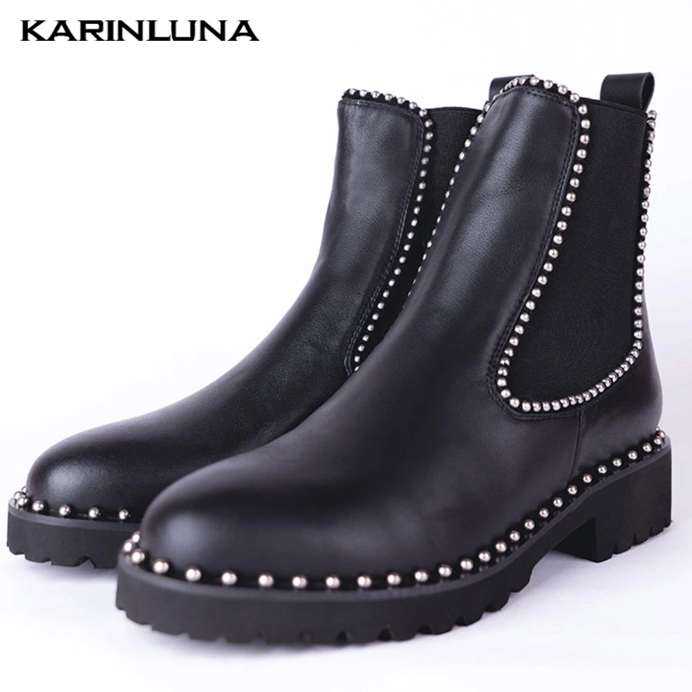 

Karinluna 2019 Plus Size 43 Rivets Slip On Boot Brand Designer Genuine Leather Woman Shoes Chelsea Boot Women Ankle Boots Female