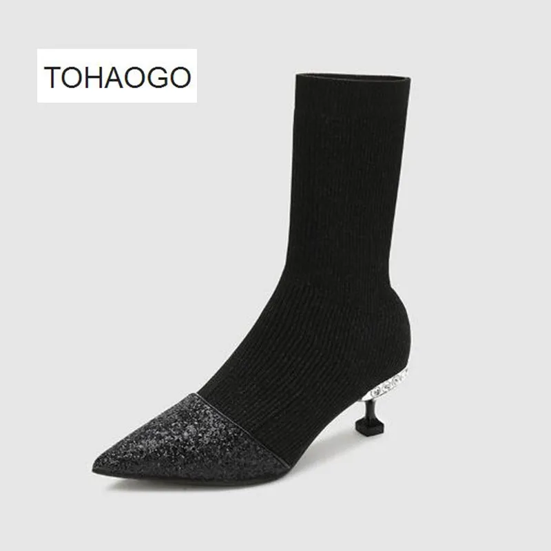 

Fashion plus velvet pointed head Middle tube boots knitted elastic boots stiletto heels Sequined high heel women's boots boty